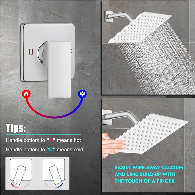 Heyalan Shower Faucet Set with Valve, Bathroom Rainfall Shower System, Wall Mount Single Handle Shower Trim Kit, Rainfall Fixed Shower Head, 8 Inch Square Shower Head,Polished Chrome
