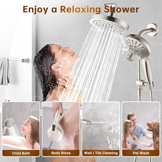 BRIGHT SHOWERS Rain Shower Head with Handheld Spray Built-in Power Wash, High Pressure Dual Shower Head with Adjustable Extension Arm, 3-Way Diverter, 9-Mode Handheld, 69” Long Hose, Brushed Nickel