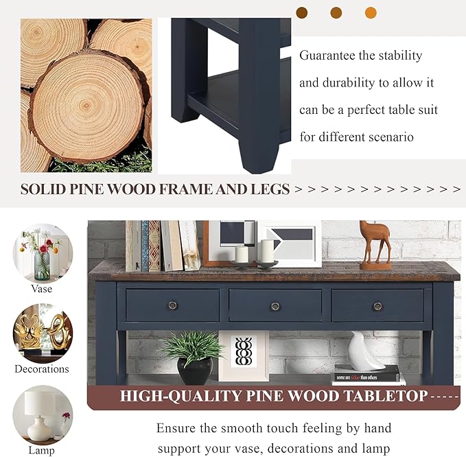 LKTART Solid Wood Console Table Sofa Table with Storage Drawers and Bottom Shelf Entryway Table for Entry Hallway Foyer Sofa Couch Table Easy Assembled (48.8" Blue)