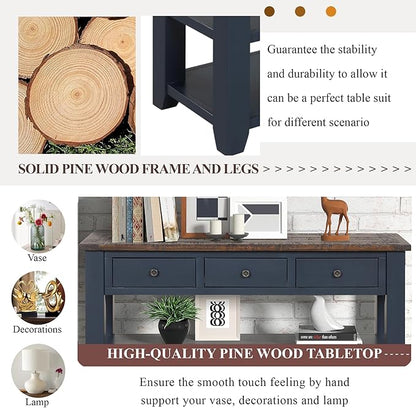 LKTART Solid Wood Console Table Sofa Table with Storage Drawers and Bottom Shelf Entryway Table for Entry Hallway Foyer Sofa Couch Table Easy Assembled (48.8" Blue)