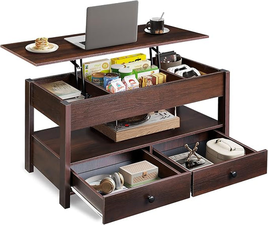 WLIVE Coffee Table, Lift Top Coffee Table with 2 Drawers, Large Hidden Compartment and Open Storage Shelf, Lift Tabletop, Dining Table for Living Room, Espresso