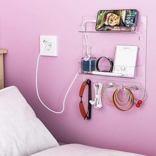 SuoXing Bedside Wall Organizer for Bedroom,Rv,Small Rooms,Nightstand and Bedside Wall Shelf for Earphone,Glasses,Remote Control,Phone Charging Shelf,Dorm Decor for College Girls and Teen Girl,Clear
