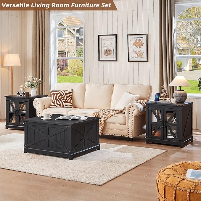 Farmhouse Coffee Table Sets 2 Pieces, Large End Side Tables with Charging Station and Coffee Table with Hidden Storage Compartment, Black Living Room Table Set, Wood Furniture Sets for Home Office
