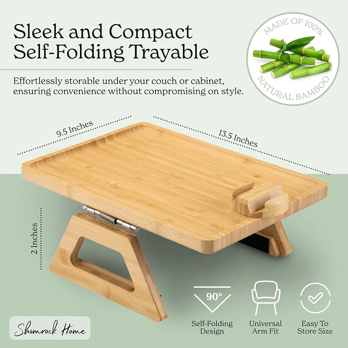 Shamrock Home Bamboo Couch Arm Table with Device Holder, Clip On Tray. for TV Dinners, Remotes, Drinks, Snacks and Small Spaces (Rectangular with Device Holder, Beige, Regular 13.75 x 9.5)