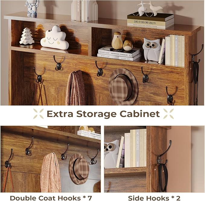 Itaar Hall Tree with Bench and Shoe Storage, 5-in-1 Entryway Bench with Coat Rack, 10 Shoe Cubbies & 9 Coat Hooks, Barn Door & Adjustable Shelf (Rustic Brown)