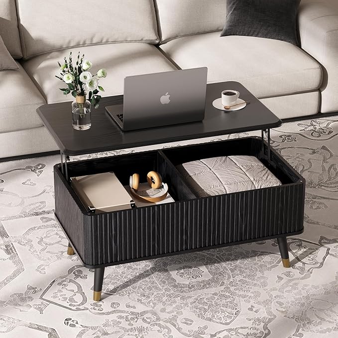 SULIVES Lift Top Coffee Table with Storage,Fluted Coffee Table with Lifting Top,Mid Century Modern Center Table with Solid Wood Legs,Small Coffee Tables for Living Room,Black
