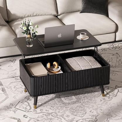 SULIVES Lift Top Coffee Table with Storage,Fluted Coffee Table with Lifting Top,Mid Century Modern Center Table with Solid Wood Legs,Small Coffee Tables for Living Room,Black