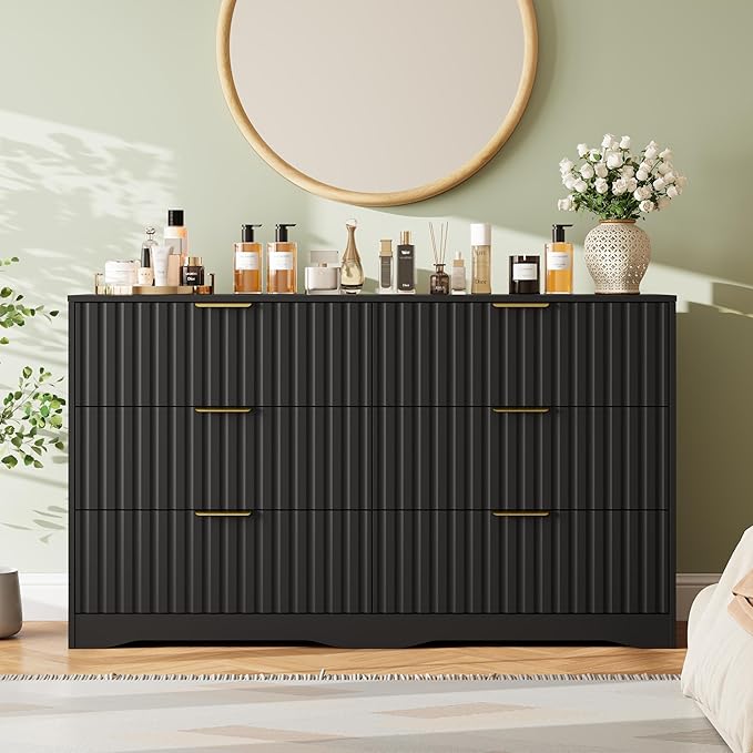 Fluted 6 Drawers Dresser for Bedroom, 55" Wide Wood Dressers Chest of Drawers with Metal Handle, Modern Dresser TV Stand Storage Organizer for Living Room, Entryway, Black
