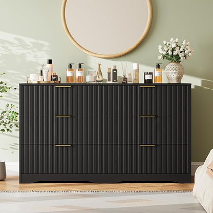 Fluted 6 Drawers Dresser for Bedroom, 55" Wide Wood Dressers Chest of Drawers with Metal Handle, Modern Dresser TV Stand Storage Organizer for Living Room, Entryway, Black