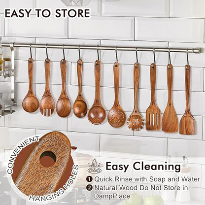 Wooden Spoons for Cooking, 10 Pcs Natural Teak Wood Kitchen Utensils Set, Comfortable Grip Wooden Utensil Set for Nonstick Pans & Cookware, Heat Resistant Wooden Spoons Wooden Spatulas Set