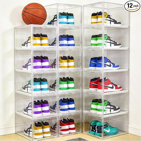 12 Pack Acrylic Shoe Organizer, Drop Front Shoe Boxes Fit US Size 13, Clear Stackable Hat Organizer Case for Closet, Entryway, Underbed, Multiple Display Cases for Hats, Figures, Sneakers
