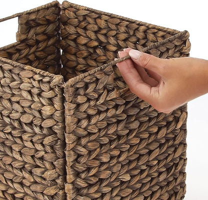 mDesign Natural Woven Hyacinth Cube Organizer Basket with Handles, Storage for Bathroom, Laundry Room Shelf or Nursery - Perfect for Cubby Storage Units - Hold Blankets and Books - 2 Pack, Brown Wash