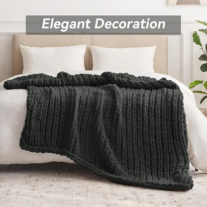 Negwoo Chunky Knit Throw Blanket, 50''*60'' Knitted Throw Chenille Yarn for Bed Couch, Handmade Dark Grey Crochet Big Thick Blanket, Machine Washable Cute Comfy Blanket for Home Decor