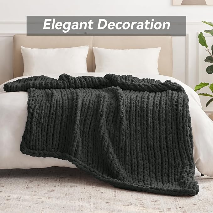 Negwoo Chunky Knit Throw Blanket, 30''*40'' Knitted Throw Chenille Yarn for Bed Couch, Handmade Dark Grey Crochet Big Thick Blanket, Machine Washable Cute Comfy Blanket for Home Decor