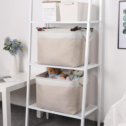 Bidtakay Beige Storage Basket Large Fabric Cloth Baskets [2-Pack] Tall Rectangular Shelf Baskets 16X11.8X11.8 in Canvas Collapsible Storage Bins with Handles for Organizing Living Room(White&Beige)