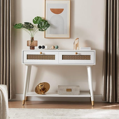 Mid Century Modern Entryway Table with Two Drawers and Open Shelf, Narrow Console Sofa Table for Living Room, Hallway, Rectangular, White