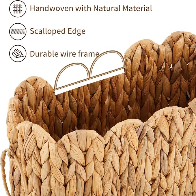 Wicker Toilet Paper Storage Basket Large Scallop Edge Water Hyacinth Narrow Wicker Baskets for Toilet Paper up to 9 Mega Rolls for Bathroom Accessories Organizer Storage