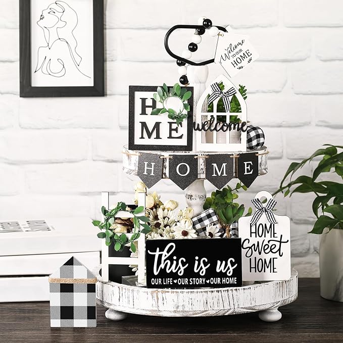 Set of 11 Home Tiered Tray Decor This is us Rustic Farmhouse Tiered Tray Decorations Set Home Wooden Signs Vintage Farm Animal Farmhouse Tabletop Wood Signs for Kitchen Table Shelf Decor