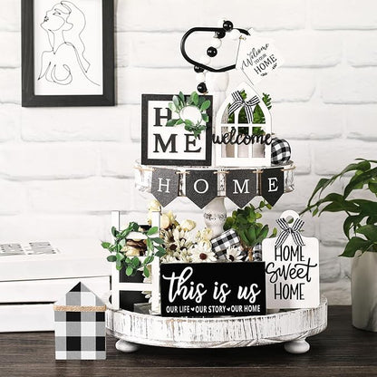 Set of 11 Home Tiered Tray Decor This is us Rustic Farmhouse Tiered Tray Decorations Set Home Wooden Signs Vintage Farm Animal Farmhouse Tabletop Wood Signs for Kitchen Table Shelf Decor