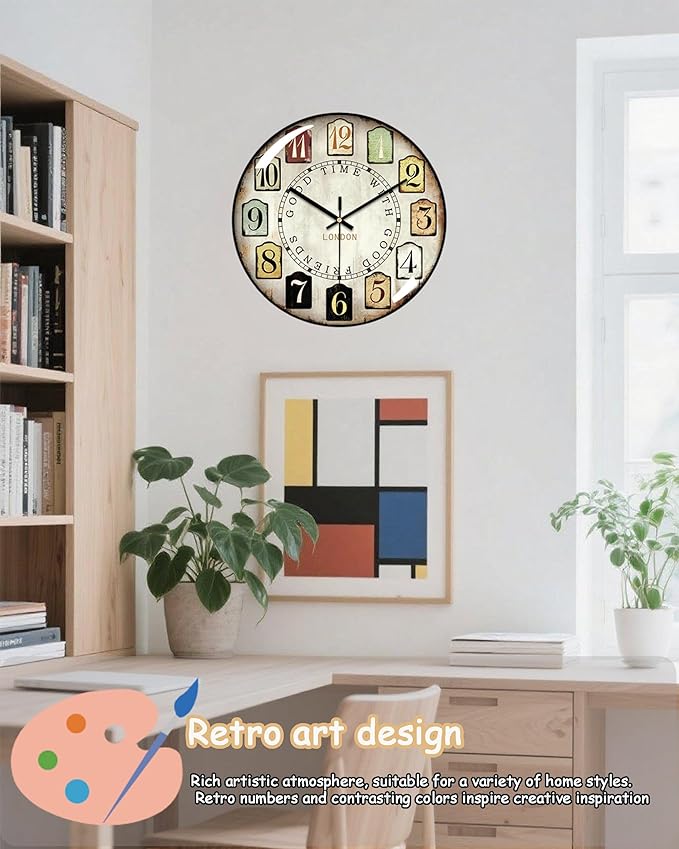 Decorative Wall Clocks Batterys Operated, Retro Wall Clock with Glass Dial, 12-Inch Dial with Roman Numerals, Silent and No Ticking, Suitable for Living Room, Bedroom, Dining Area, Workspace