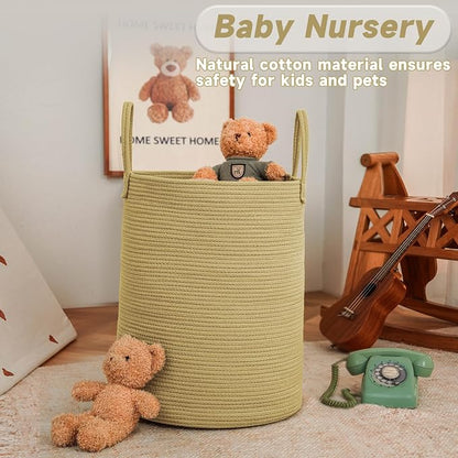 JMvicyroam Large Woven Laundry Basket Hamper,60L Cotton Rope Storage Bin for Blankets,Toys and Clothes,Decorative Tall Nursery Hamper for Living Room,Baby Nursery,Bathroom and Bedroom,Jute
