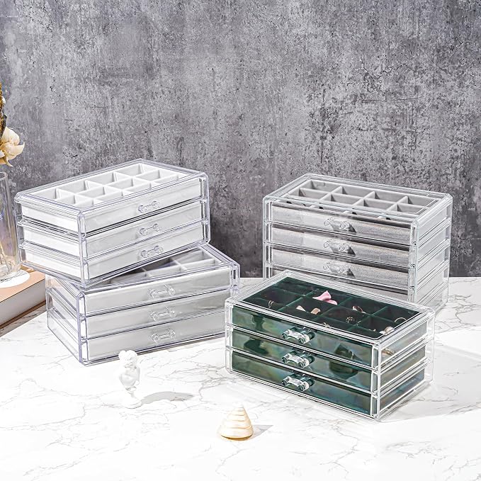 ProCase Earring Holder Organizer Jewelry Box with 3 Drawers, Acrylic Clear Earring Case with Adjustable Velvet Trays for Women - Emerald, 3 Layers