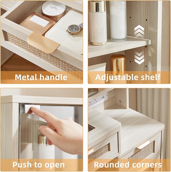 LEYAOYAO White Vanity Desk with Mirror and Lights, 43.5'' Makeup Vanity Set with Stool 6 Drawers and Adjustable Shelves, Rattan Wood Make Up Vanity with Glass Top and Power Outlet for Bedroom