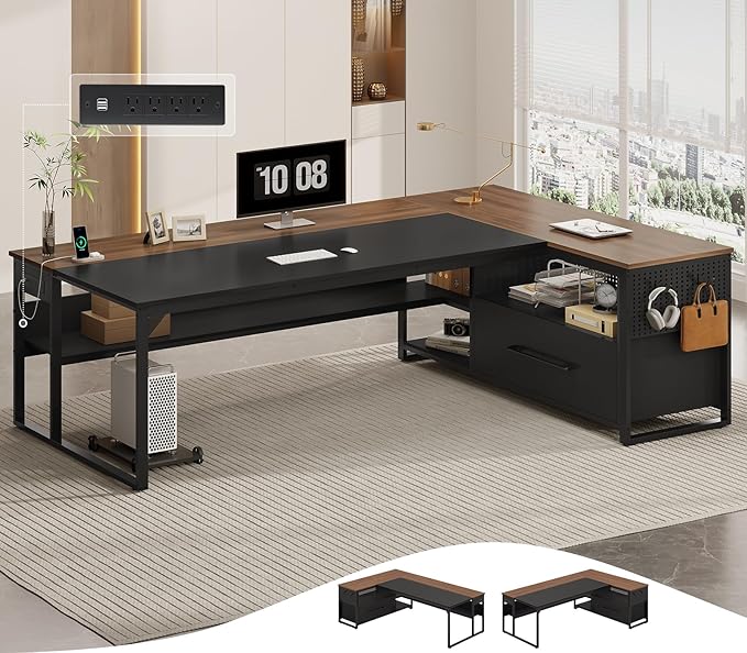 71" Executive Desk, Large Office Desk with Widen File Drawers & Power Outlets, Reversible L Shaped Computer Desk Corner Desk with Storage Shelves, CPU Stand, Hooks, Business Furniture (Walnut)