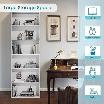 GRUSIGN 71" Tall 6-Tier Bookshelf, Large Open Display Bookcase with Ample Storage, Floor Standing Book Shelf for Living Room, Home Office, Bed Room, White