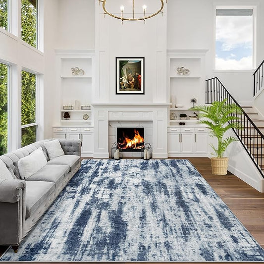 9x12 Area Rugs Washable Rug: Modern Abstract Living Room Rug Soft Anti-Skid Thin Carpet Indoor Floor Non-Shedding Carpets for Bedroom Dining Room Farmhouse Nursery Home Office Blue Grey