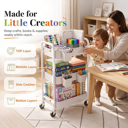 3 Tier Rolling Cart Metal with Wheels, White Three Tiered Storage Cart on Wheels, Utility Trolley Carts Organizer for Kitchen Storage, Pantry, Snack, Craft, Art, Lash, Makeup, Bathroom, Dorm Supply