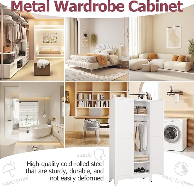 Metal Wardrobe Cabinet with Hanging Rod, 71" Metal Clothing Storage Cabinets with 2 Doors and Adjustable Shelves, White Armoire Wardrobe Closet for Bedroom, Laundry Room, Cloak Room