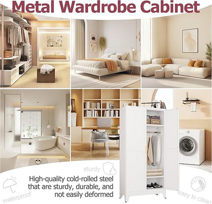 Metal Wardrobe Cabinet with Hanging Rod, 71" Metal Clothing Storage Cabinets with 2 Doors and Adjustable Shelves, White Armoire Wardrobe Closet for Bedroom, Laundry Room, Cloak Room