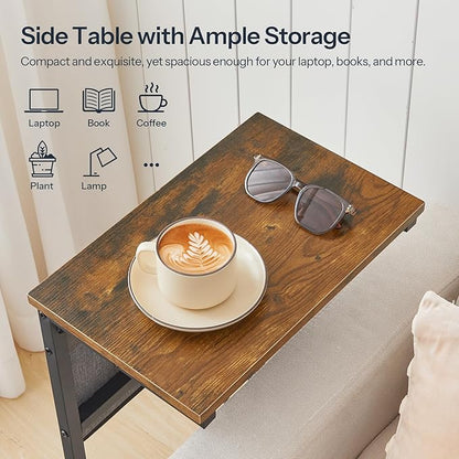 HOOBRO C Shaped End Table Set of 2 with Charging Station, 28" H Couch Side Tables for Small Spaces, Slide Under Sofa Tray Recliner Tables with Storage Bag for Living Room, Rustic Brown BF70USFP201