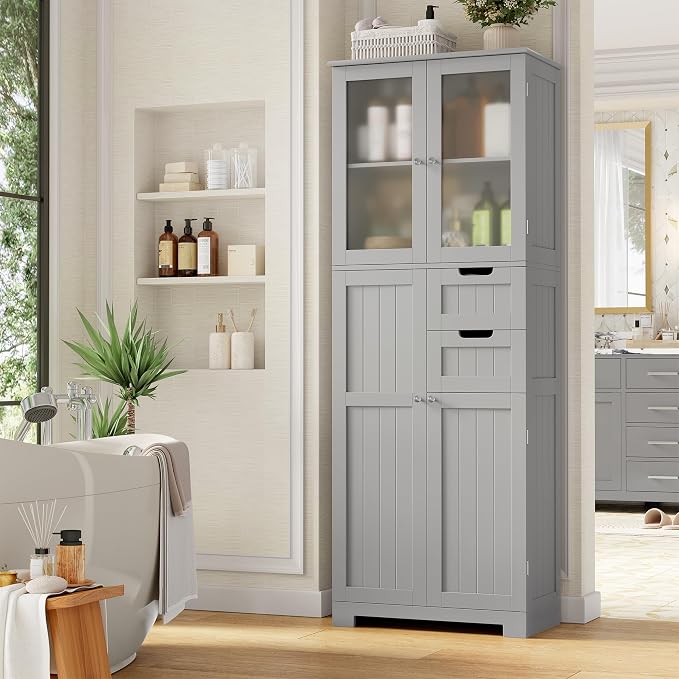 BOTLOG 67'' Tall Bathroom Storage Cabinet, Kitchen Pantry Cabinet with Glass Doors and Adjustable Shelves, Kitchen Cupboard with 2 Drawers for Bathroom, Dining Room, Grey