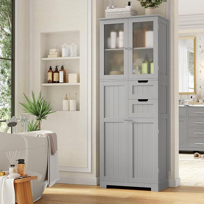 BOTLOG 67'' Tall Bathroom Storage Cabinet, Kitchen Pantry Cabinet with Glass Doors and Adjustable Shelves, Kitchen Cupboard with 2 Drawers for Bathroom, Dining Room, Grey