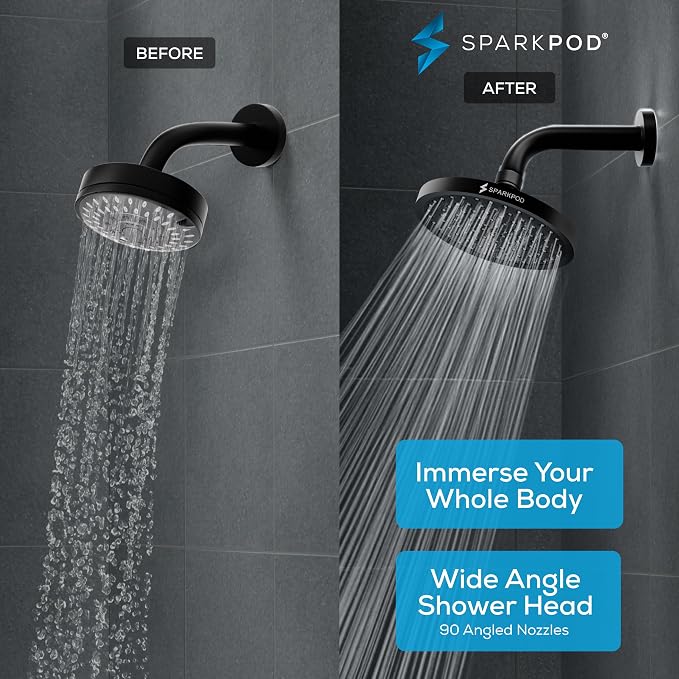 SparkPod Rain Shower Head, 8 Inch Square | High Pressure Shower Heads, 90 Nozzle (Touch-to-Clean), Adjustable Showerhead, No-tool Universal Connection
