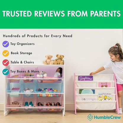 Humble Crew 4-Tier Kids Bookshelf, Pink/White - Premium Book Shelf for Kids Rooms with Four Deep Pockets - Toddler Sling Book Rack with Deep Sleeves, Nursery Bookcase Organize