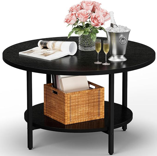 FAMIDGE Coffee Table, 27.6“ Circle Coffee Tables for Living Room, 2 Tier Round Coffee Table with Storage, Wood Accent Center Floor Table for Bedroom, Industrial Home Office, Black (27.6" D x 17.7" H)