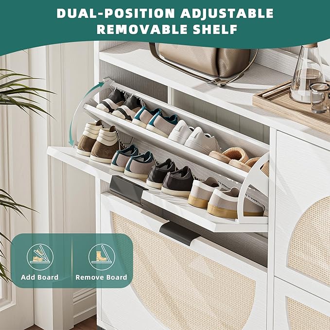 Shoe Storage Cabinet for Entryway Wooden Rattan Shoe Cabinet with 4 Flip Drawers Long Hidden Shoes Cabinet Storage with Metal Legs Narrow Shoe Rack Cabinet Shoes Organizer Cabinet for Hallway White