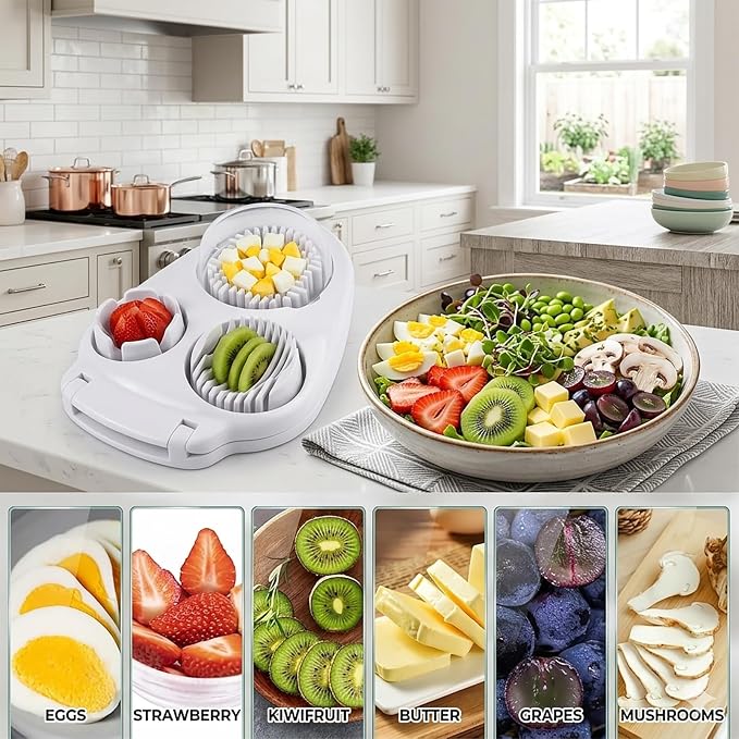 3-in-1 Egg Slicer for Hard Boiled Eggs, Hard Boiled Egg Slicer Dicer Chunker Stainless Steel, Kitchen Gadget for Salad, Strawberry, Mushroom and Grape, Heavy Duty & Dishwasher Safe (Yellow)