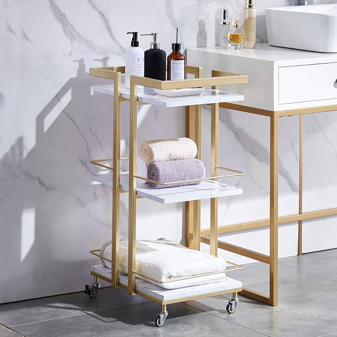 BarberPub Utility Salon Trolley, Metal Storage Rolling Barber Trolley with Wheels, Golden Esthetician Cart, Multi-Purpose 3-Tier Mobile Facial Trolley, Nail Cart 2033 (White)