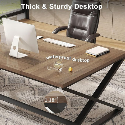 IBF Wood Large Computer Desk, 70.8” Long Home Office Desk for Two Person, Farmhouse Work Study Writing Table in Bedroom, Simple Wide Metal Executive Double PC Gaming Workstation, Rustic Oak