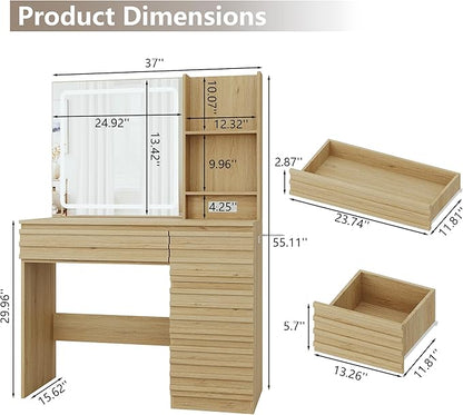 Fluted Vanity Desk with HD Mirror and Lights, Wood Makeup Vanity Table with 4 Drawers & Open Shelves, Mid Century Dressing Table Set with Charging Station, 3 Color Lighting Modes for Bedroom, Oak