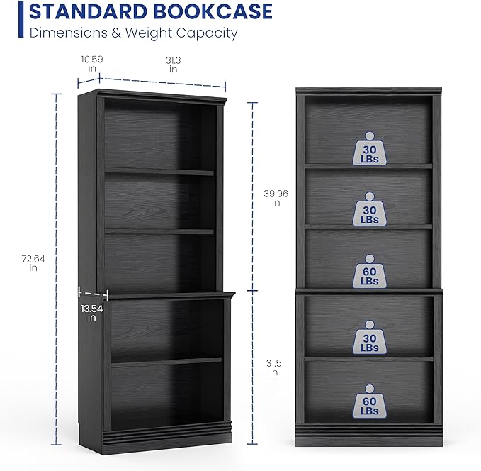 72 in Tall Bookcase, Black 31.3 in Wide Floor Standing Bookshelf, 5 Tier Large Floor Standing Display Storage Shelves with Adjustable Shelves for Living Room Hallway Home Office Bedroom