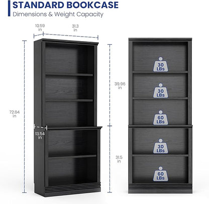72 in Tall Bookcase, Black 31.3 in Wide Floor Standing Bookshelf, 5 Tier Large Floor Standing Display Storage Shelves with Adjustable Shelves for Living Room Hallway Home Office Bedroom