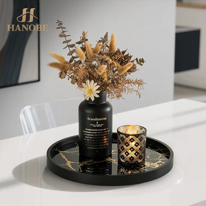 Hanobe Decorative Tray for Home Decor: Black Imitation Marble Round Serving Tray 11.8" Modern Coffee Table Centerpiece for Display Bar Table Living Room Entryway Kitchen Corner