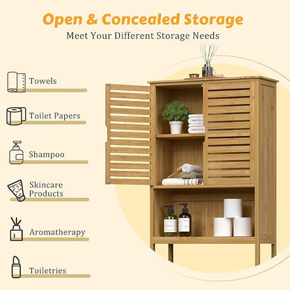 VEIKOU Over The Toilet Storage Cabinet, Bamboo Over Toilet Storage with Removable Shelf, Bathroom Freestanding Over The Toilet Storage with Open Storage, Natural