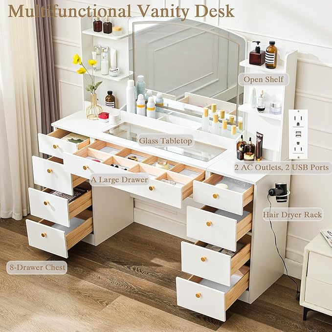 55" Vanity Desk with Mirror and Lights, Makeup Vanity with Power Outlet, White Vanity with 9 Drawers & 6 Storage Shelves for Bedroom