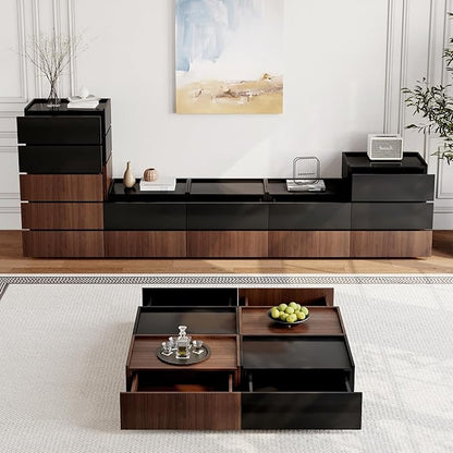 Coffee Table with Storage,Modern Center Table with 4 Hidden Drawers for Living Room,Rectangle Coffee Table for Home Furniture,Bedroom,Dark Walnut and Black